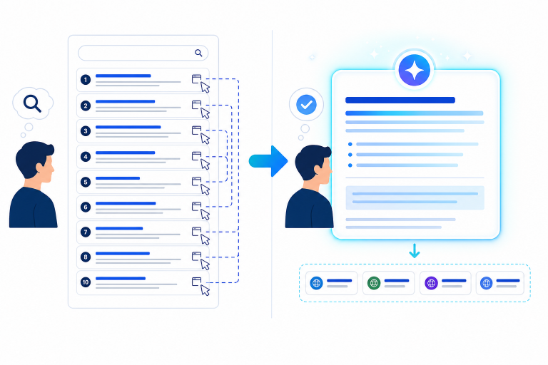 Classic Google SERP vs AI answer with source links