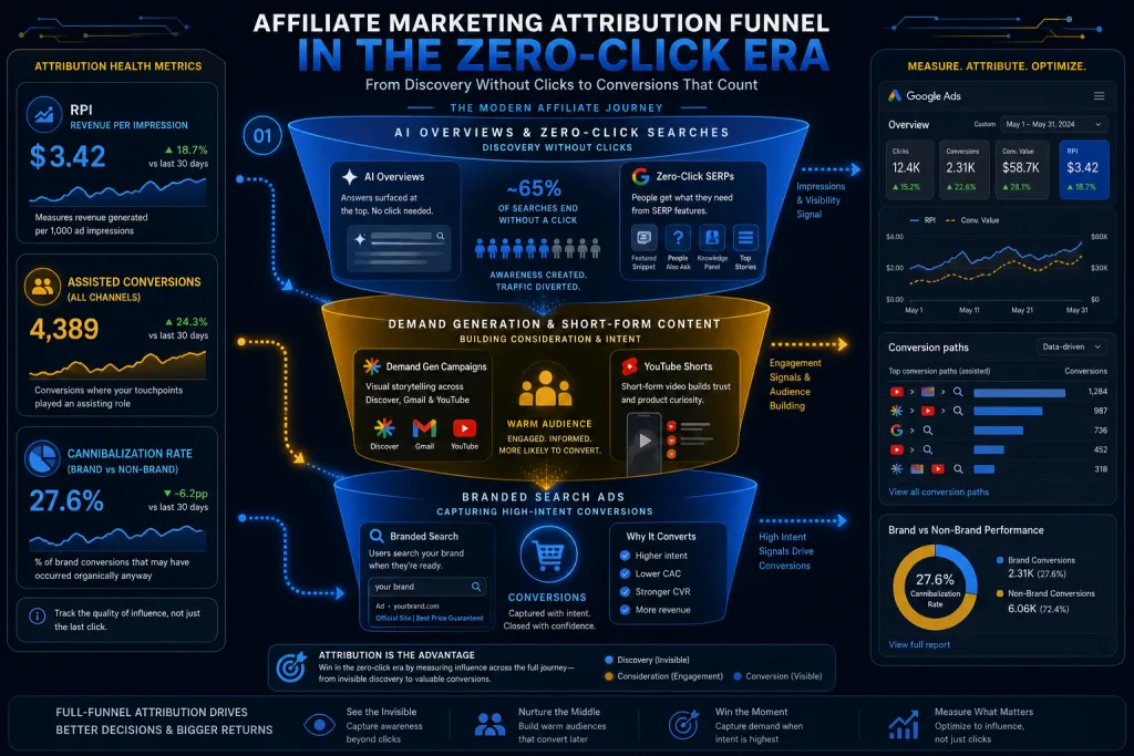 Infographic: Traffic attribution funnel in the zero-click era with AI Overviews, Demand Gen, and branded search