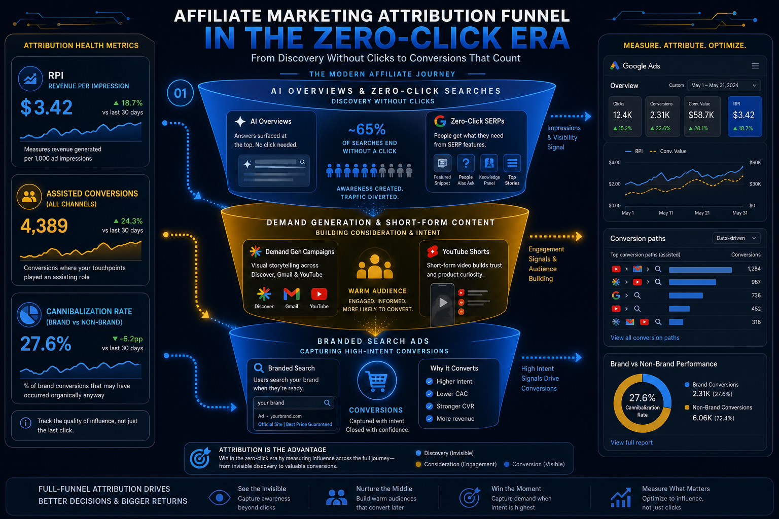Infographic: Traffic attribution funnel in the zero-click era with AI Overviews, Demand Gen, and branded search