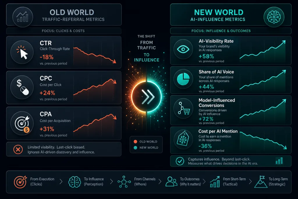 Infographic: comparing old traffic-referral metrics (CTR, CPC, CPA) with new AI-influence metrics (AI-Visibility, Share of AI Voice, Model-Influenced Conversions).