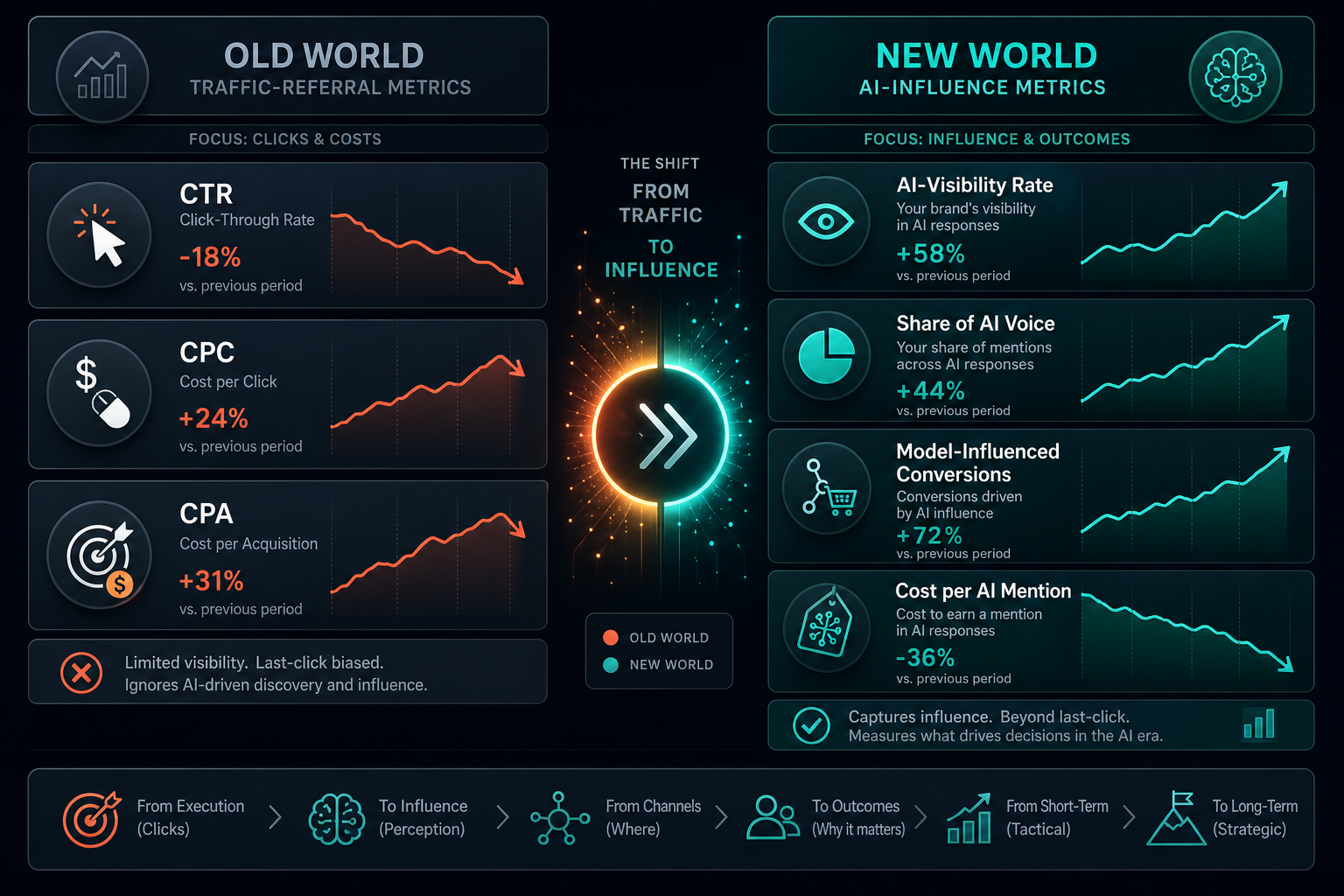 Infographic: comparing old traffic-referral metrics (CTR, CPC, CPA) with new AI-influence metrics (AI-Visibility, Share of AI Voice, Model-Influenced Conversions).