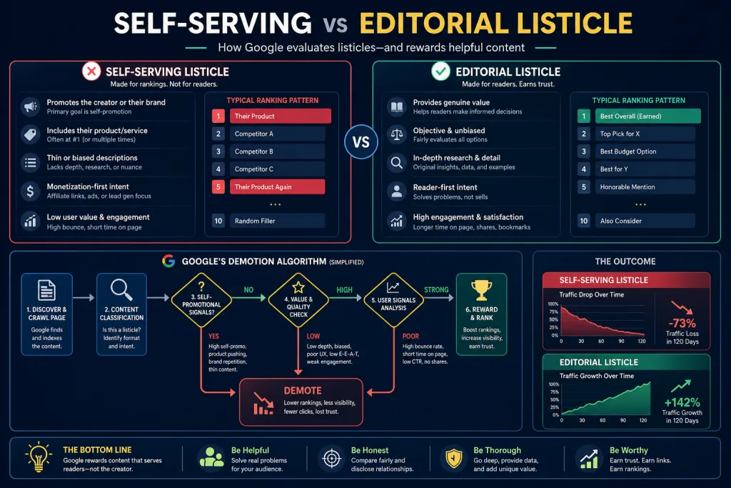 Infographic: Comparison of self-serving and editorial listicles, Google demotion algorithm