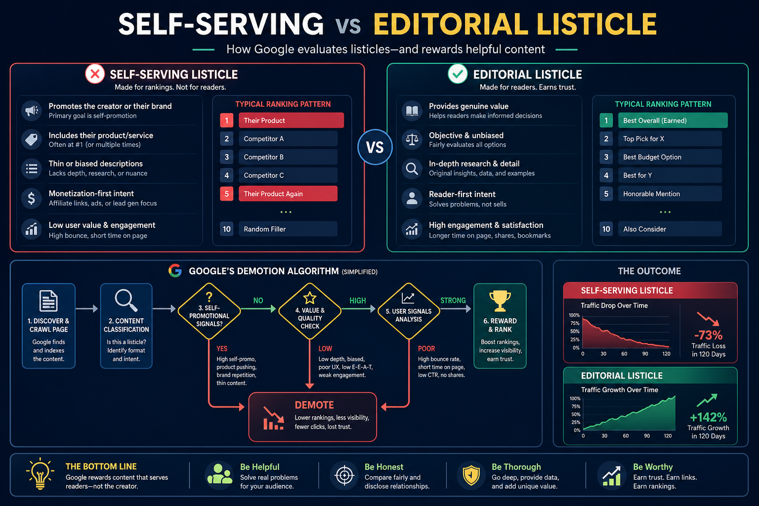 Infographic: Comparison of self-serving and editorial listicles, Google demotion algorithm