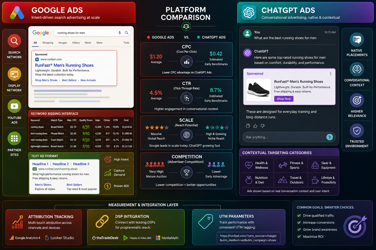 Comparative infographic of Google Ads and ChatGPT Ads: interfaces, formats, metrics, and DSP integration