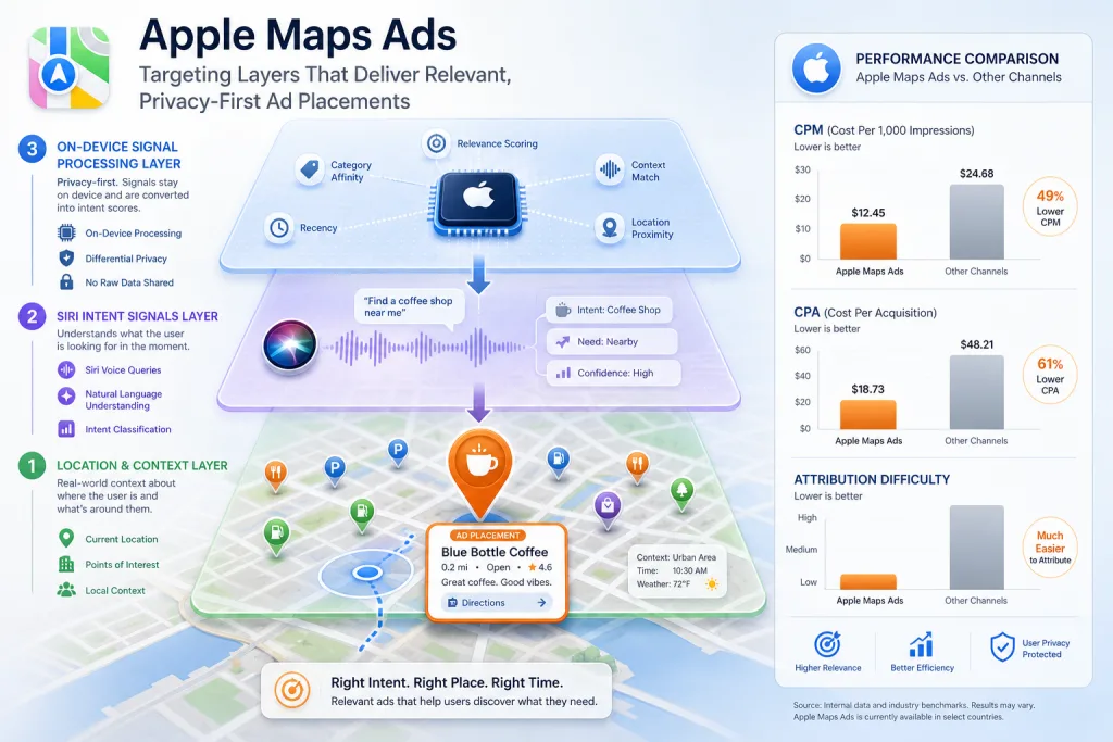 Infographic: Three targeting layers in Apple Maps Ads — geo-context, Siri queries, and On-Device data