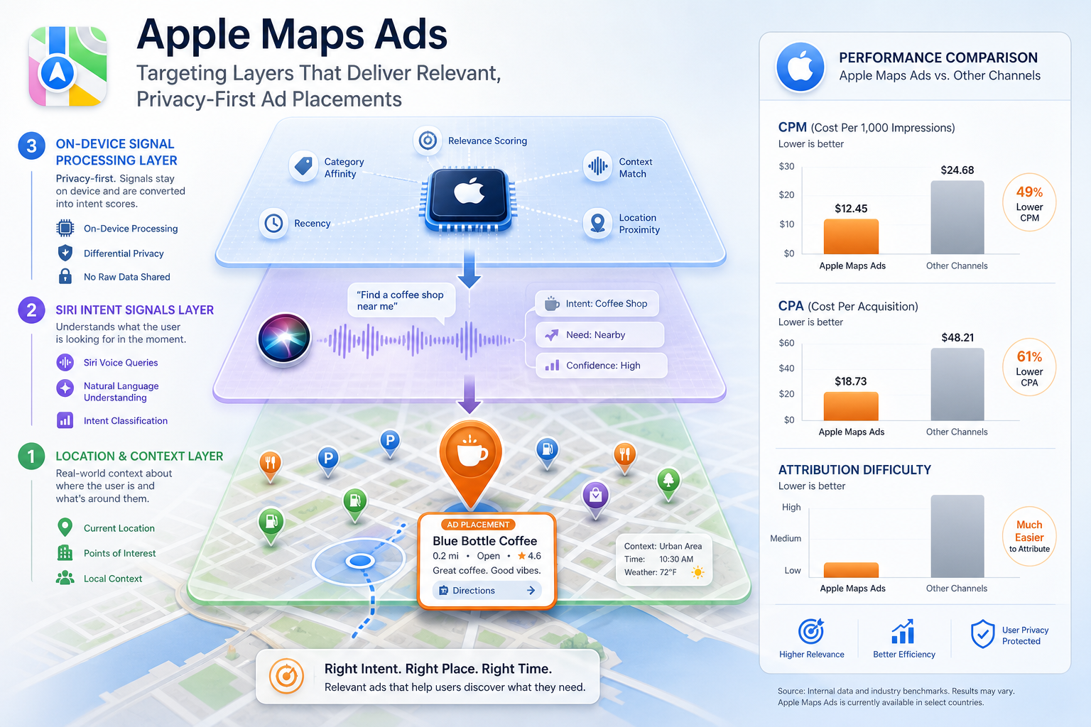 Infographic: Three targeting layers in Apple Maps Ads — geo-context, Siri queries, and On-Device data