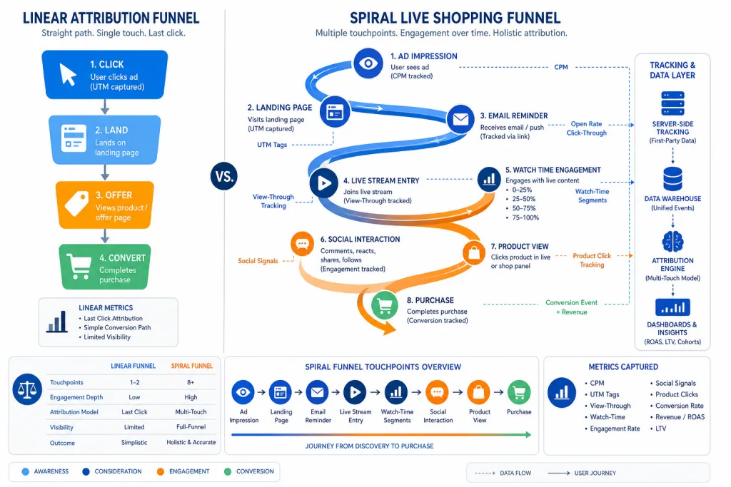 Comparison diagram of a linear attribution funnel and a live shopping spiral funnel with CPM, watch-time, and view-through metrics