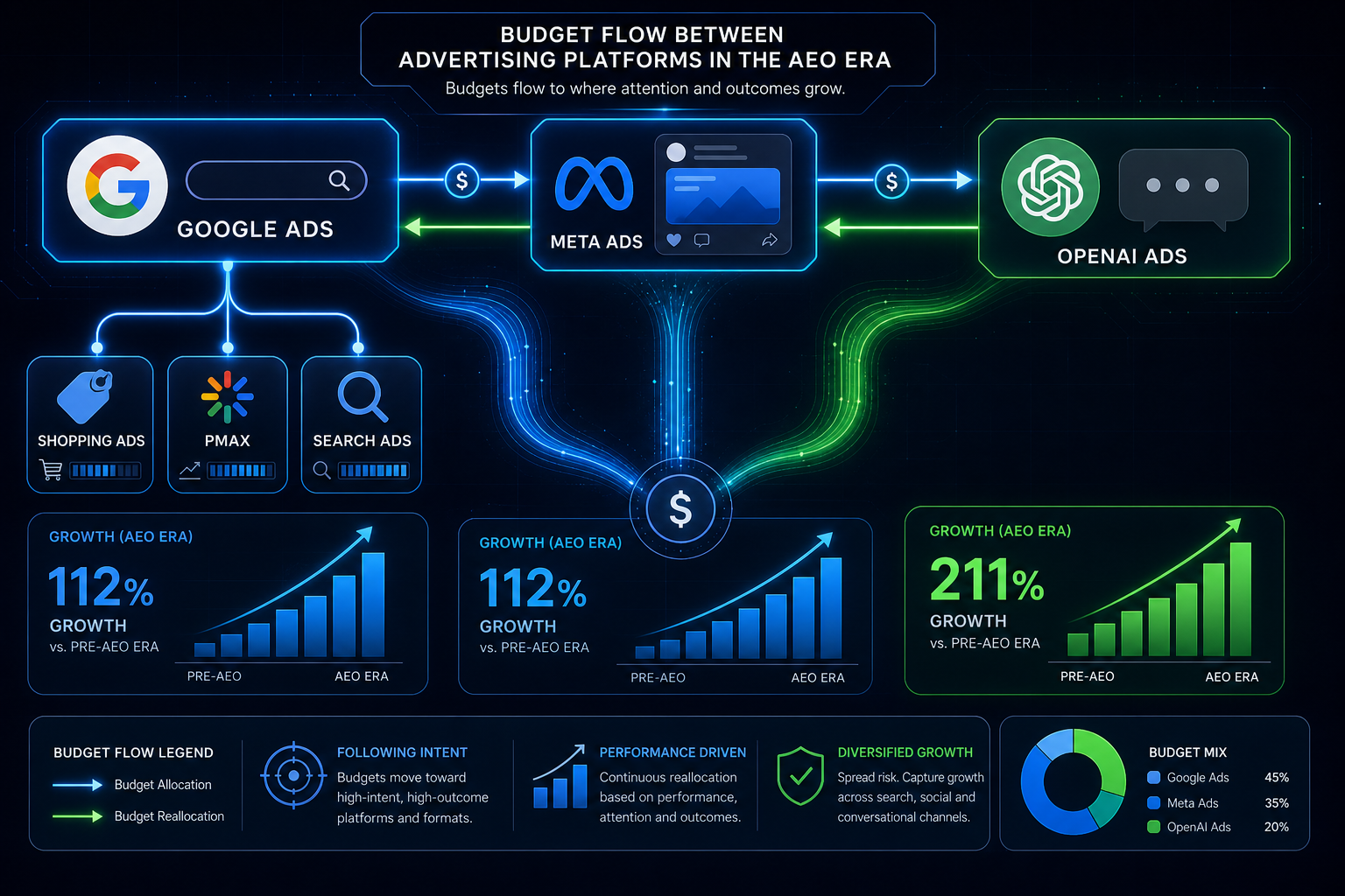 Diagram of advertising budget redistribution between Google Ads, Meta, and OpenAI in the AEO era
