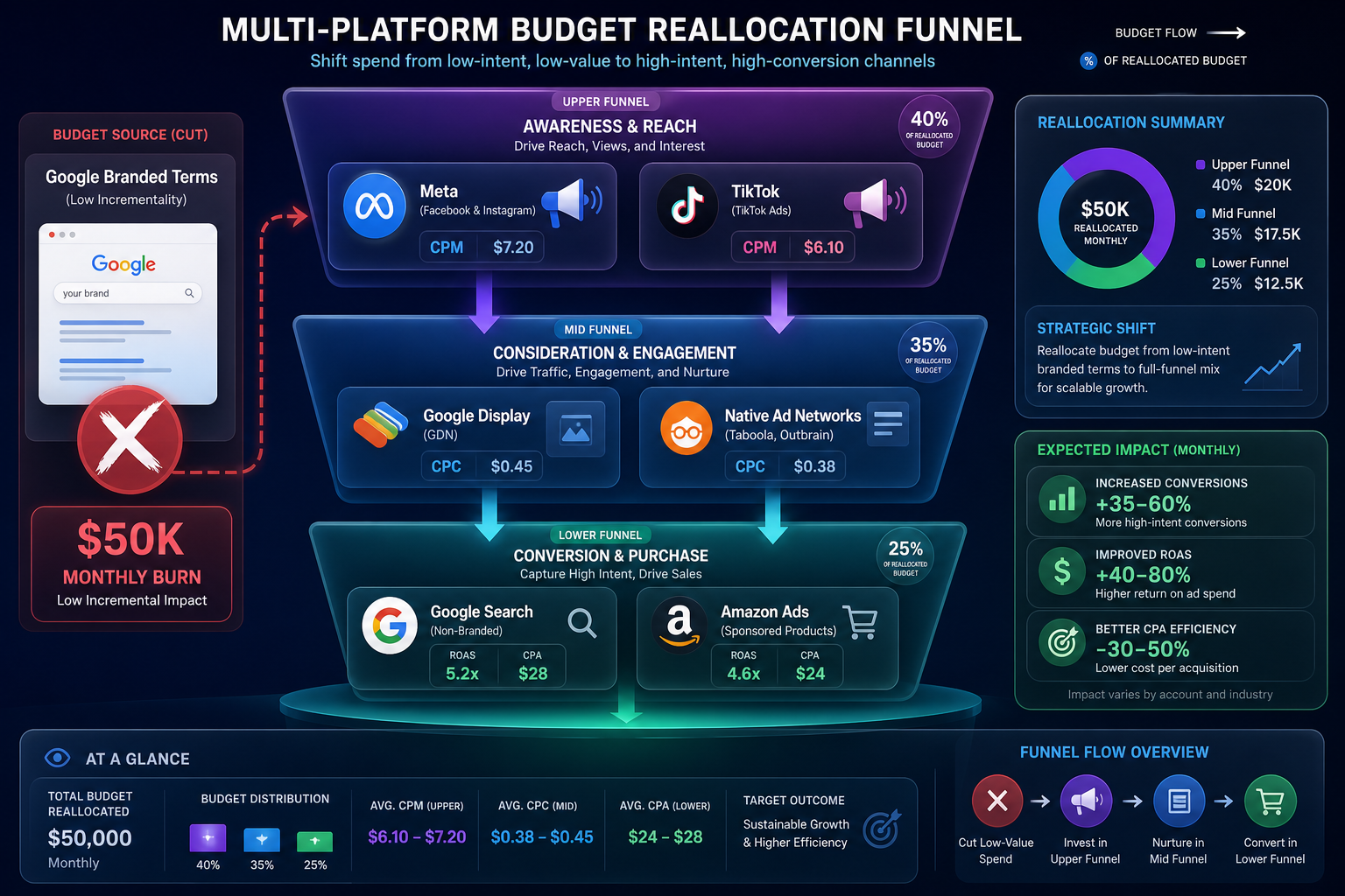 Infographic on reallocating ad budget across funnel stages: from branded Google queries to Meta, TikTok, and Amazon