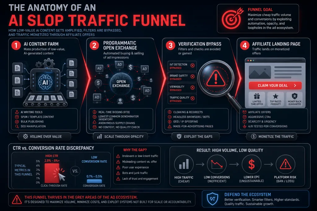 Diagram of the AI slop traffic funnel: from content generation to bypassing verification and hitting an arbitrage specialist's landing page.
