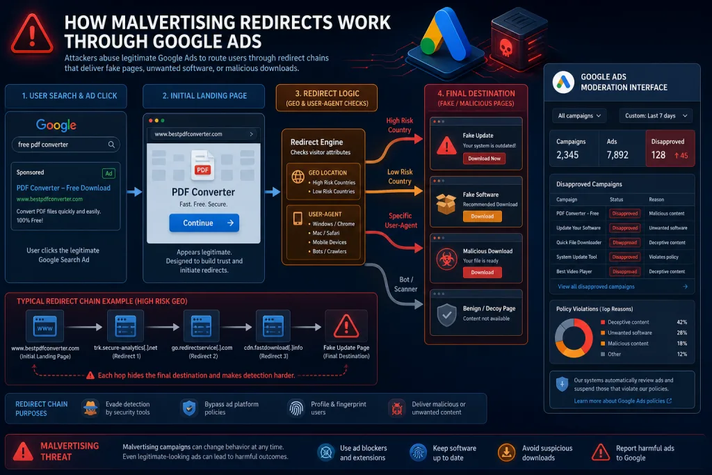 Diagram of malvertising redirects through Google Ads: from a legitimate search ad to a fake download page