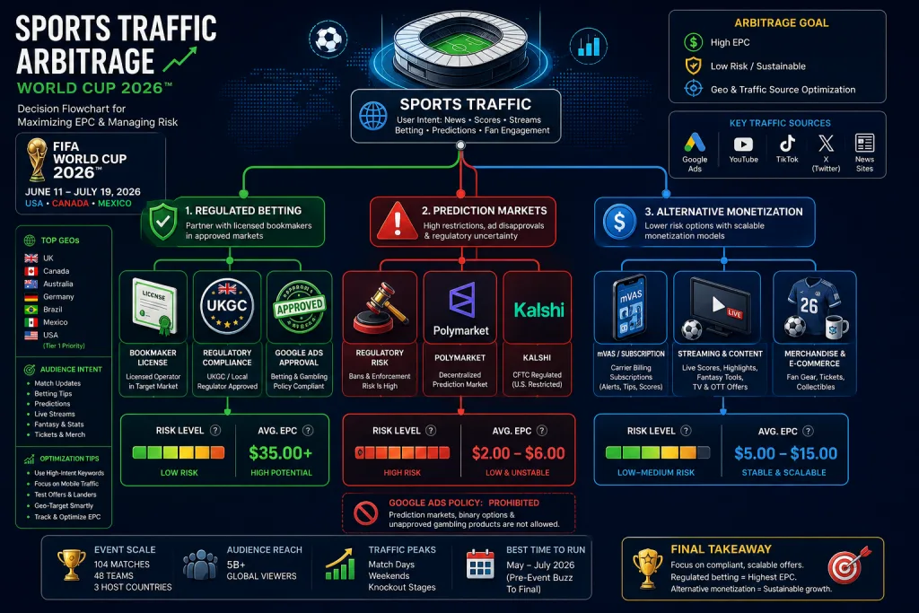 Decision diagram for sports traffic arbitrage during World Cup 2026: regulated betting, prediction markets, and alternative monetization
