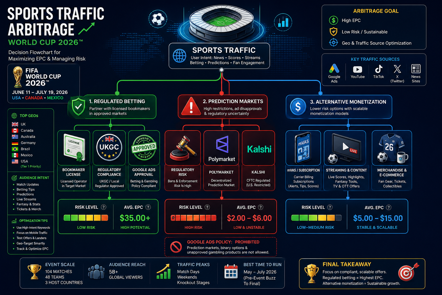 Decision diagram for sports traffic arbitrage during World Cup 2026: regulated betting, prediction markets, and alternative monetization