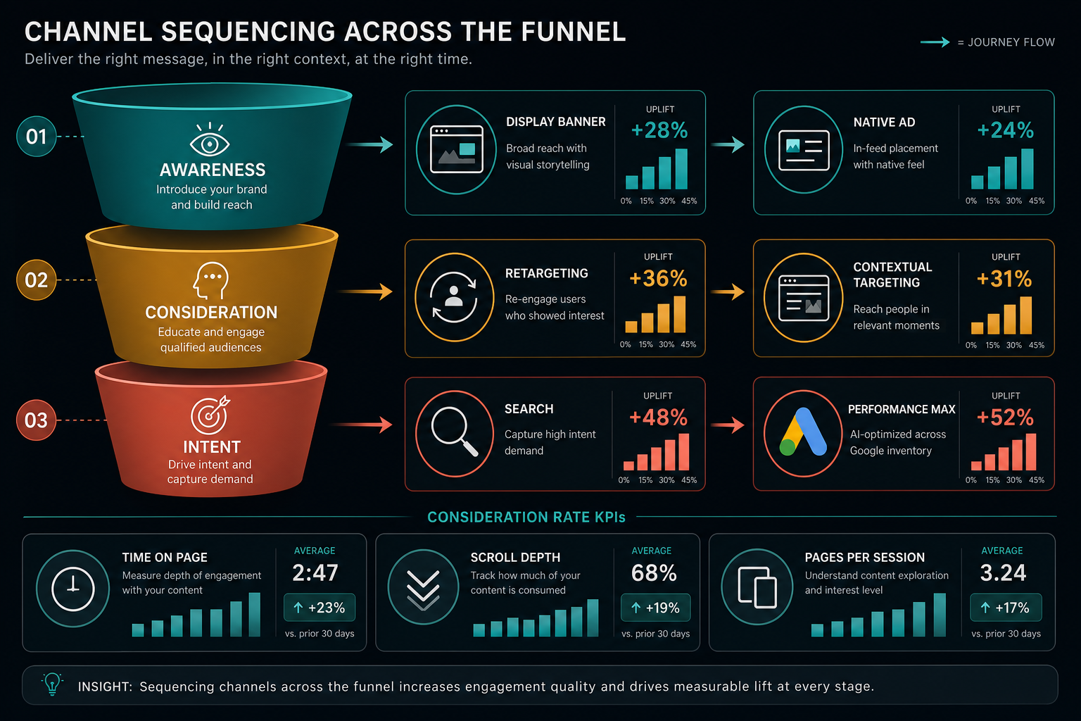 Diagram of channel sequencing: display and native traffic for awareness, retargeting for consideration, search and Performance Max for intent