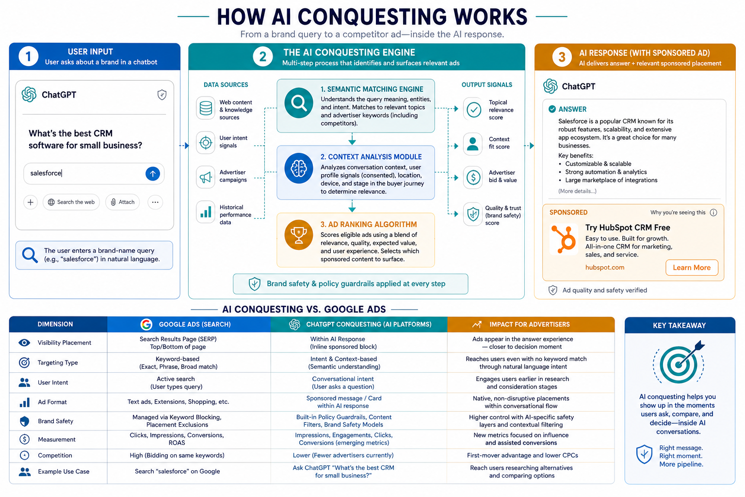 Diagram of conquesting in ChatGPT: from user prompt to competitor ad display in AI answer