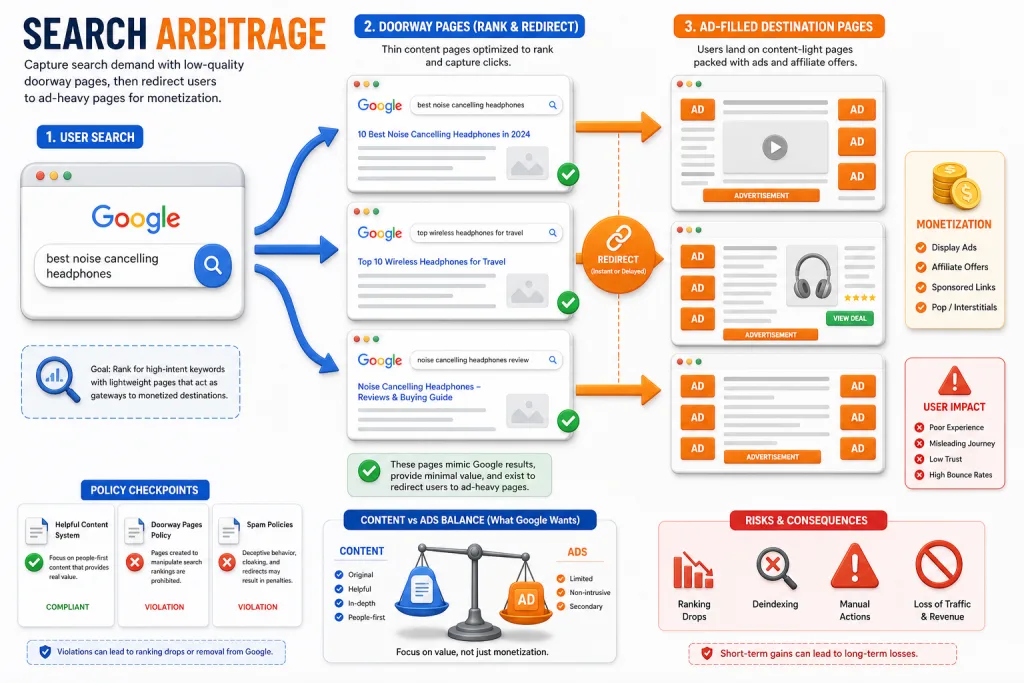 Search arbitrage flow diagram: from search query through doorway pages to ad-filled pages