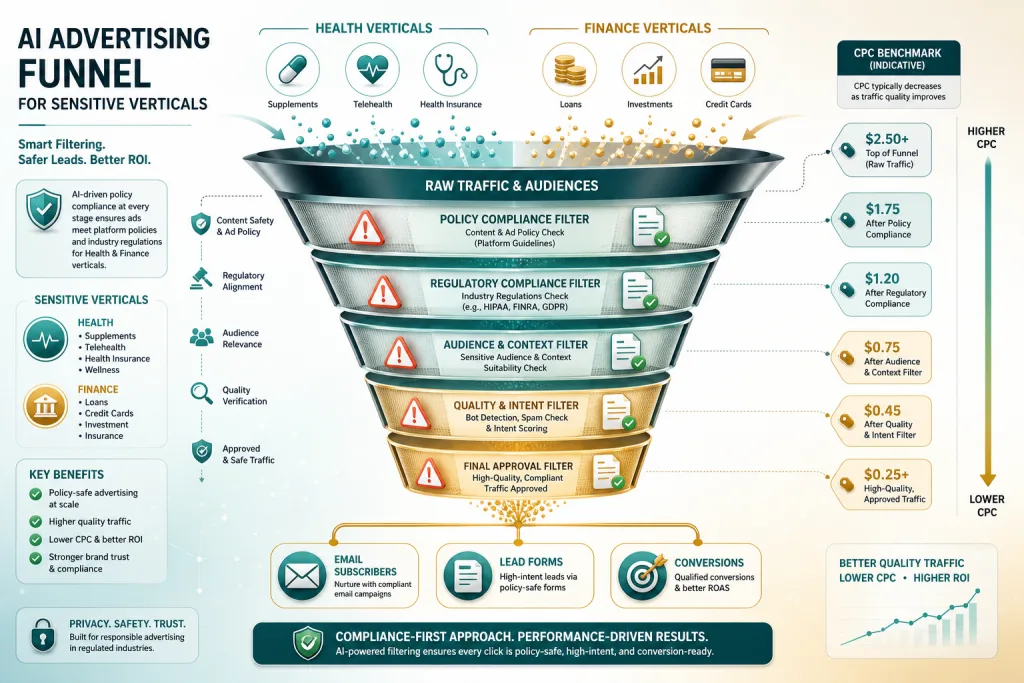 Traffic buying funnel for sensitive verticals via AI ads with compliance filters