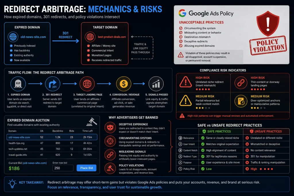 Redirect arbitrage scheme: traffic path from an expired domain through a 301 redirect to an affiliate landing with Google Ads risk indicators