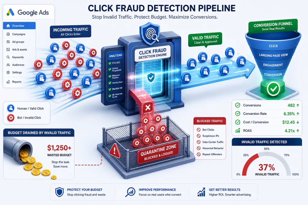 Click fraud detection pipeline: filtering bot traffic from valid clicks in Google Ads