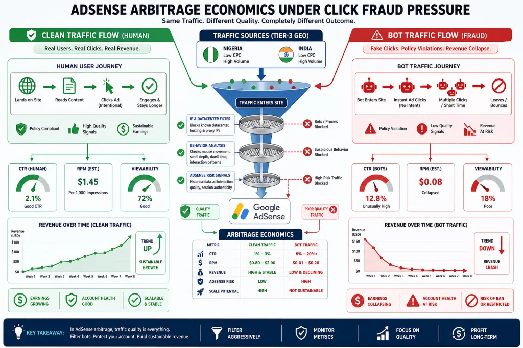 AdSense arbitrage economics diagram: comparing clean traffic vs. bot traffic with protection filters