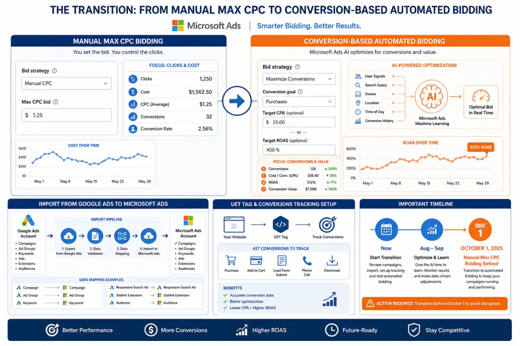 Diagram of the transition from manual Max CPC to automated conversion-based bidding in Microsoft Ads