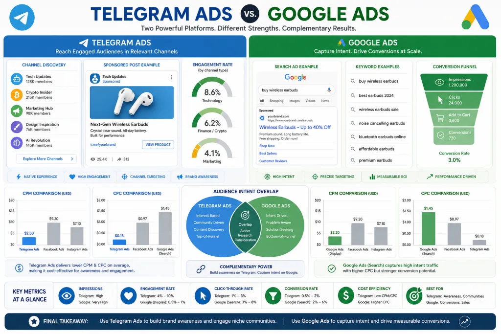 Comparative infographic of Telegram Ads and Google Ads: CPM, CPC, targeting, and conversions