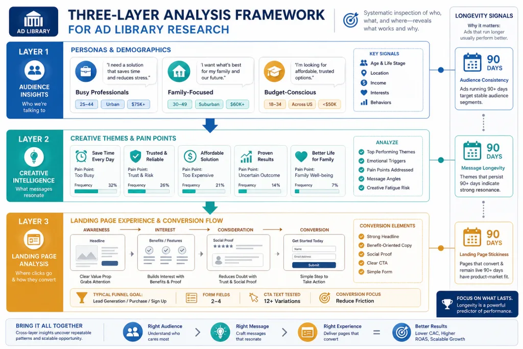Diagram of three-layer ad library analysis: personas, creative themes, and landing pages