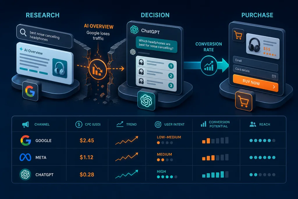 Affiliate traffic funnel diagram: three intent zones — Research, Decision, and Purchase — with an AI Overview gap between Research and Decision and a conversion rate arrow between Decision and Purchase.
