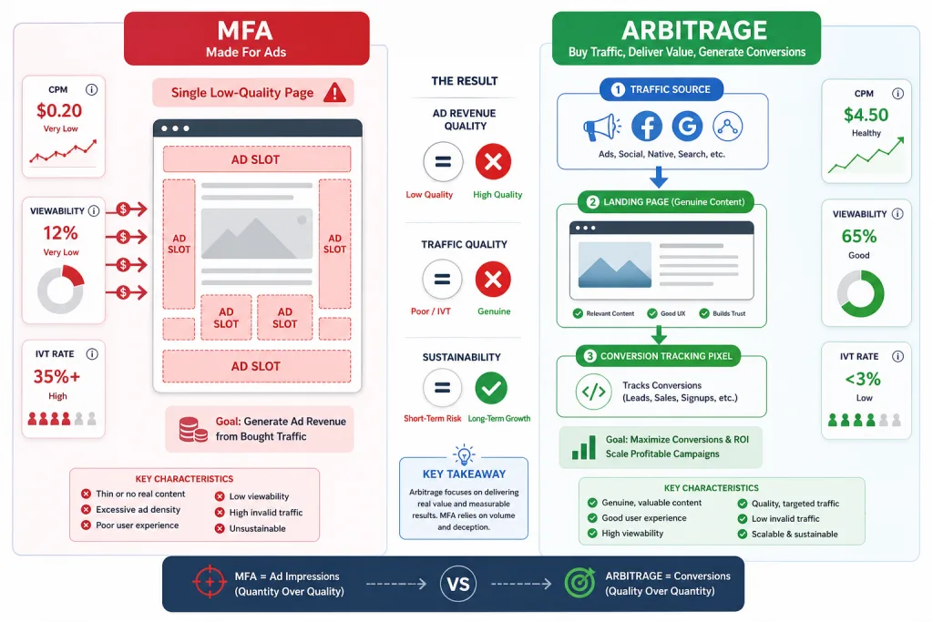 Comparative diagram of an MFA site and legitimate traffic arbitrage