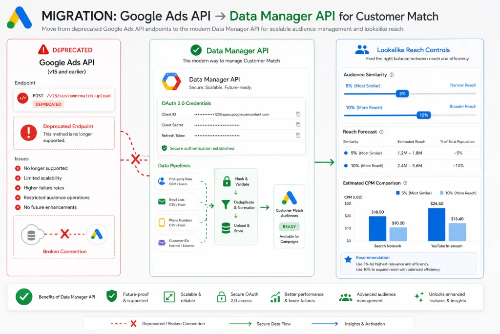 Esquema de migración de Customer Match de Google Ads API a Data Manager API y panel de control de Lookalike reach con porcentajes de expansión de audiencia