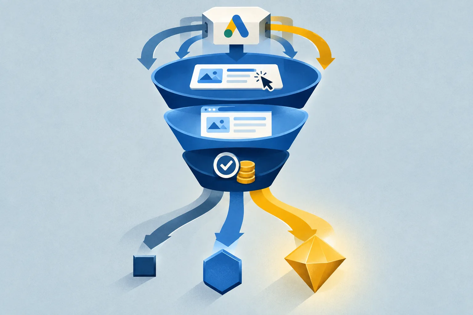 Traffic arbitrage funnel with three conversion paths of different values and a bidding algorithm reallocating budget toward higher-value conversions