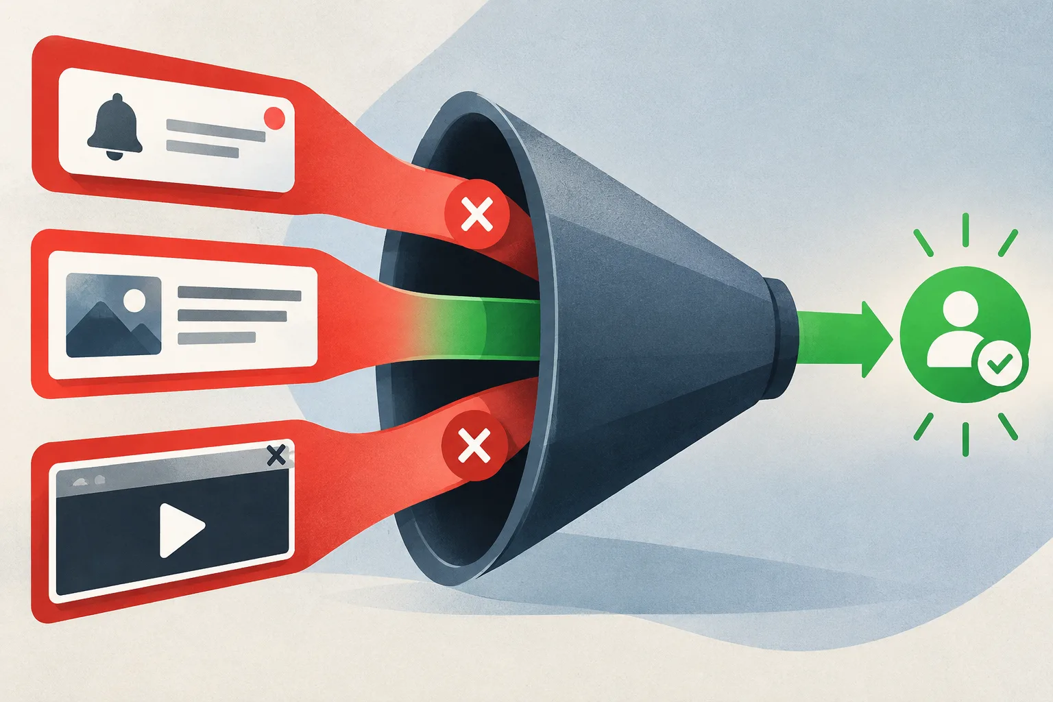 Ad format testing funnel: three formats at the entry, one winner at the exit